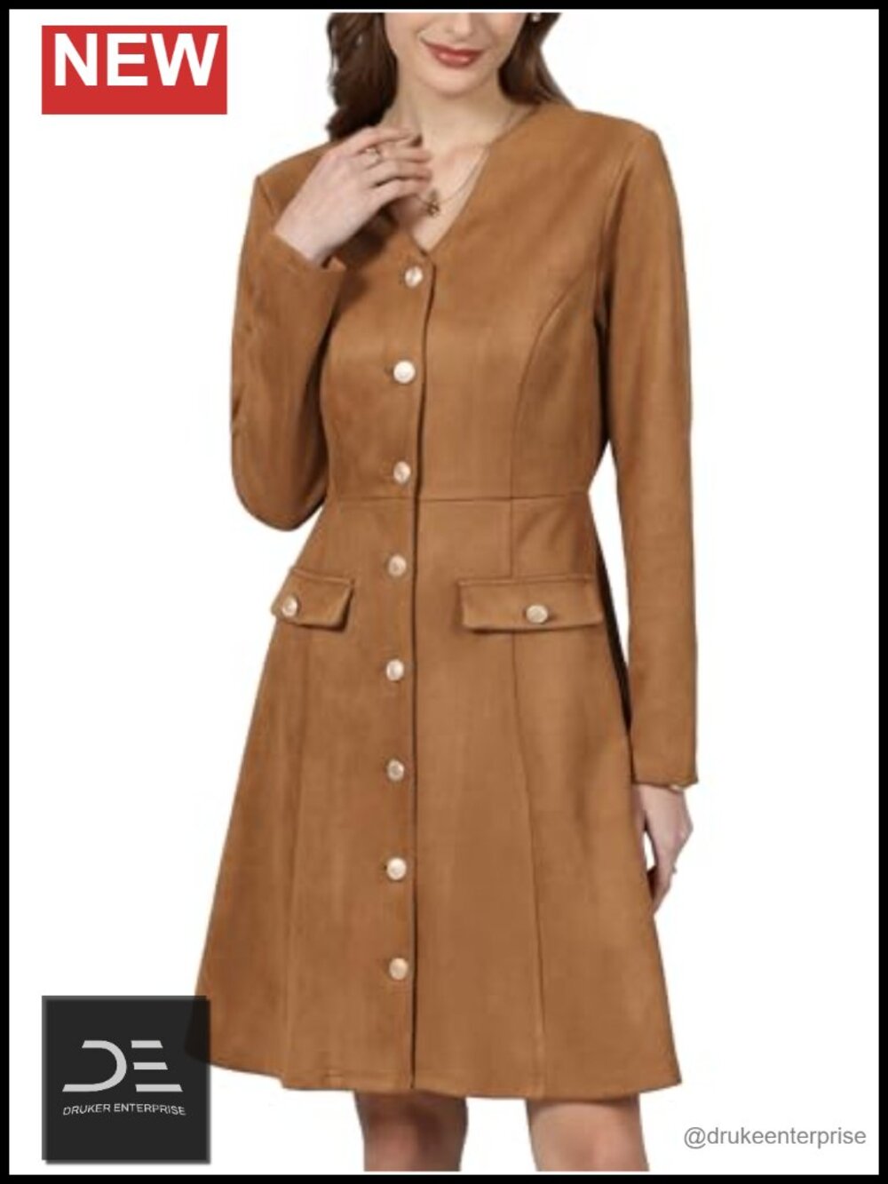 Faux Suede Button Down V Neck Long Sleeve A-Line Midi Dress